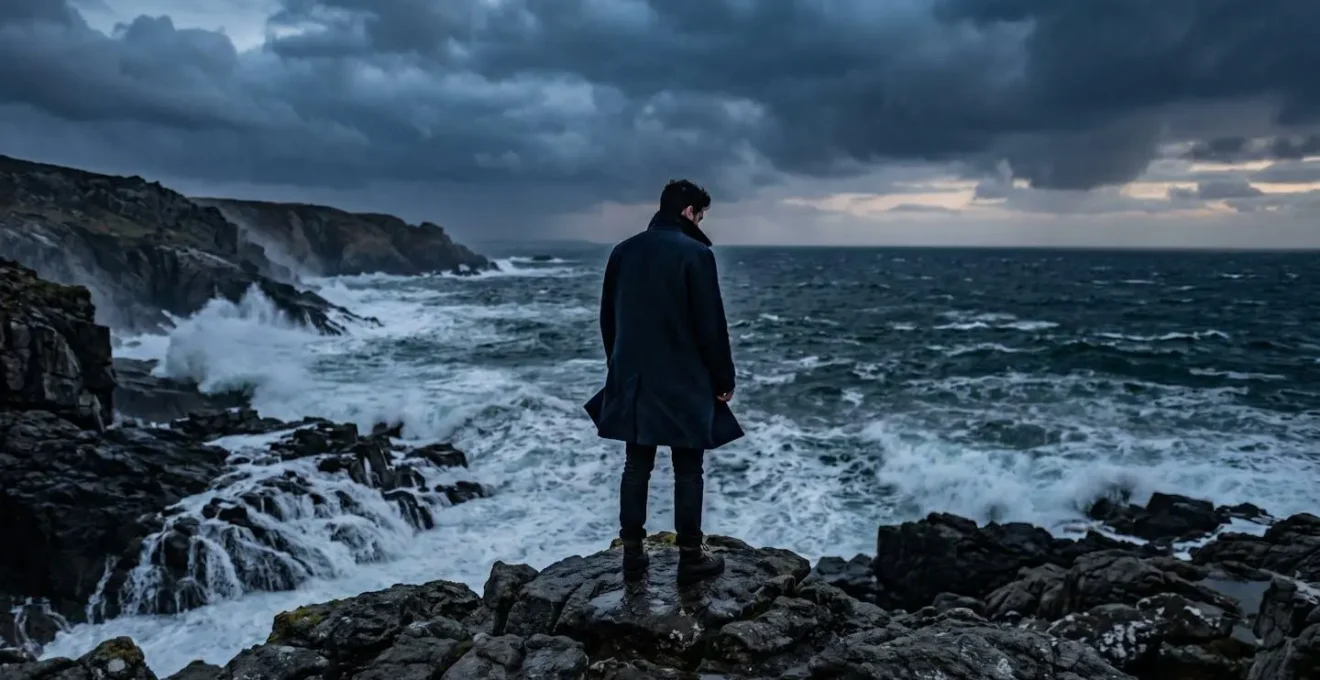 Portrait symbolique d'un homme debout face à une mer agitée, évoquant la posture de révolte chez Camus