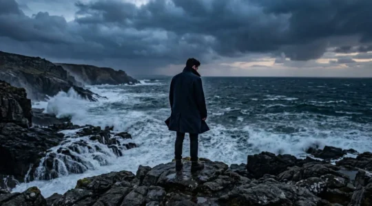 Portrait symbolique d'un homme debout face à une mer agitée, évoquant la posture de révolte chez Camus