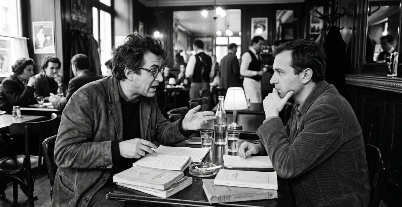 Deux hommes en discussion animée dans un café parisien des années 1950, évoquant les débats philosophiques de l'après-guerre