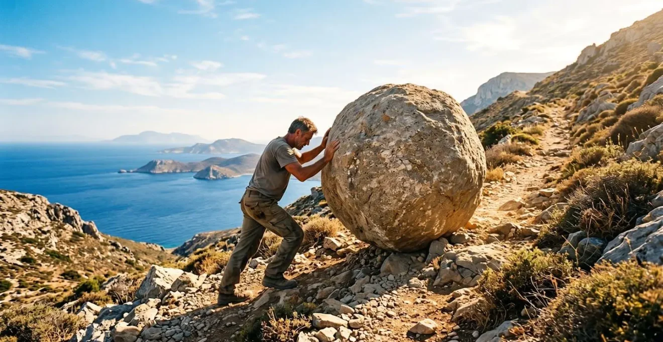 Un homme pousse un rocher sur une pente escarpée sous un ciel bleu méditerranéen, métaphore de Sisyphe chez Camus